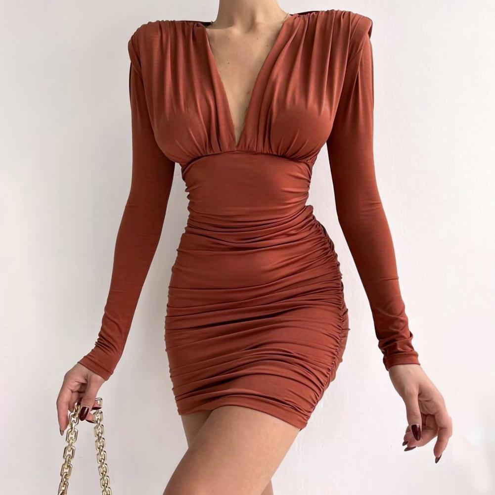 Sexy Women's Bodycon Mini Dress Padded Shoulder Deep V Neck Tight Waist Spring Dress For New Year 2022 Ladies Party Vestidos