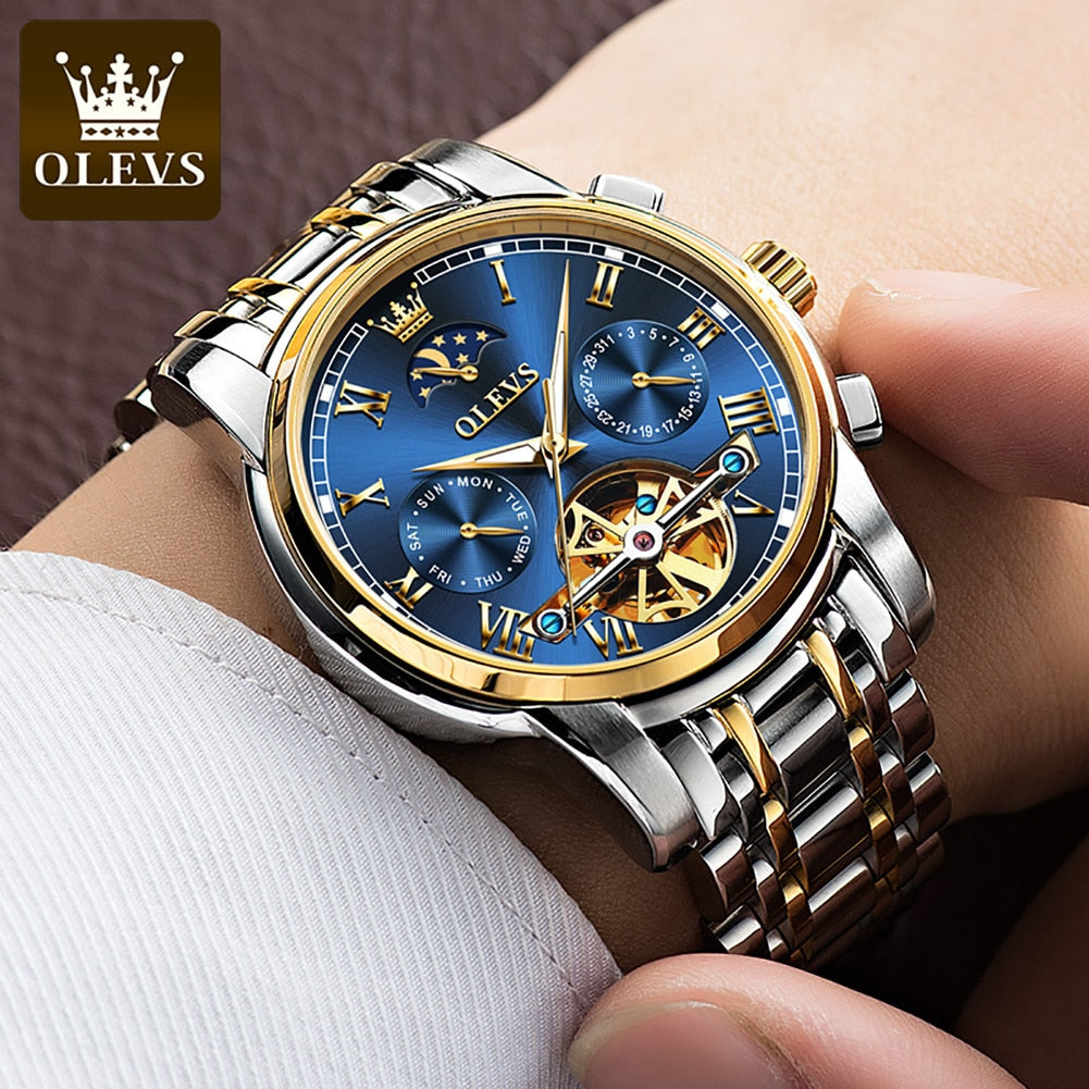 OLEVS Men Watch Automatic Mechanical Watch Stianless Top Brand Luxury Moon phase SkeletonTourbillon Wristwatch Reloj hombres