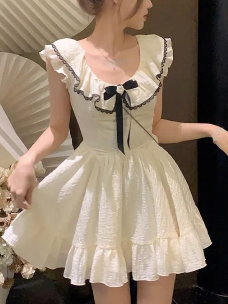 Flying Sleeve Kawaii Sweet Dress Women Pure Color Retro Vintage Mini Dress Female Bow Causal Korean Fashion Dress 2023 Summer