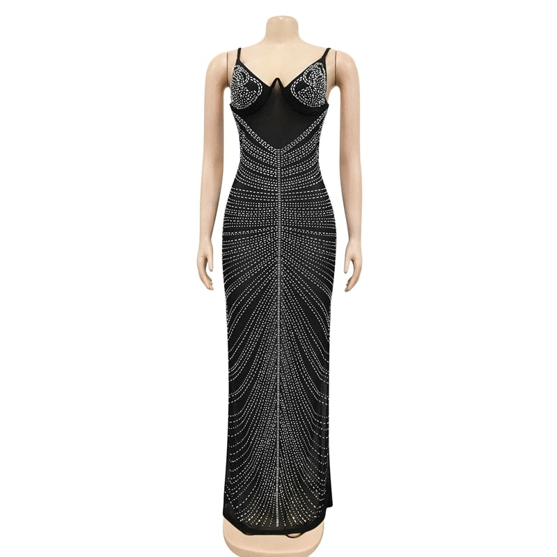 Sparkle Sheer Mesh Rhinestones Long Maxi Dress Gown Women Glam Spagetti Straps Crystal Sexy Evening Party Dress Outifts