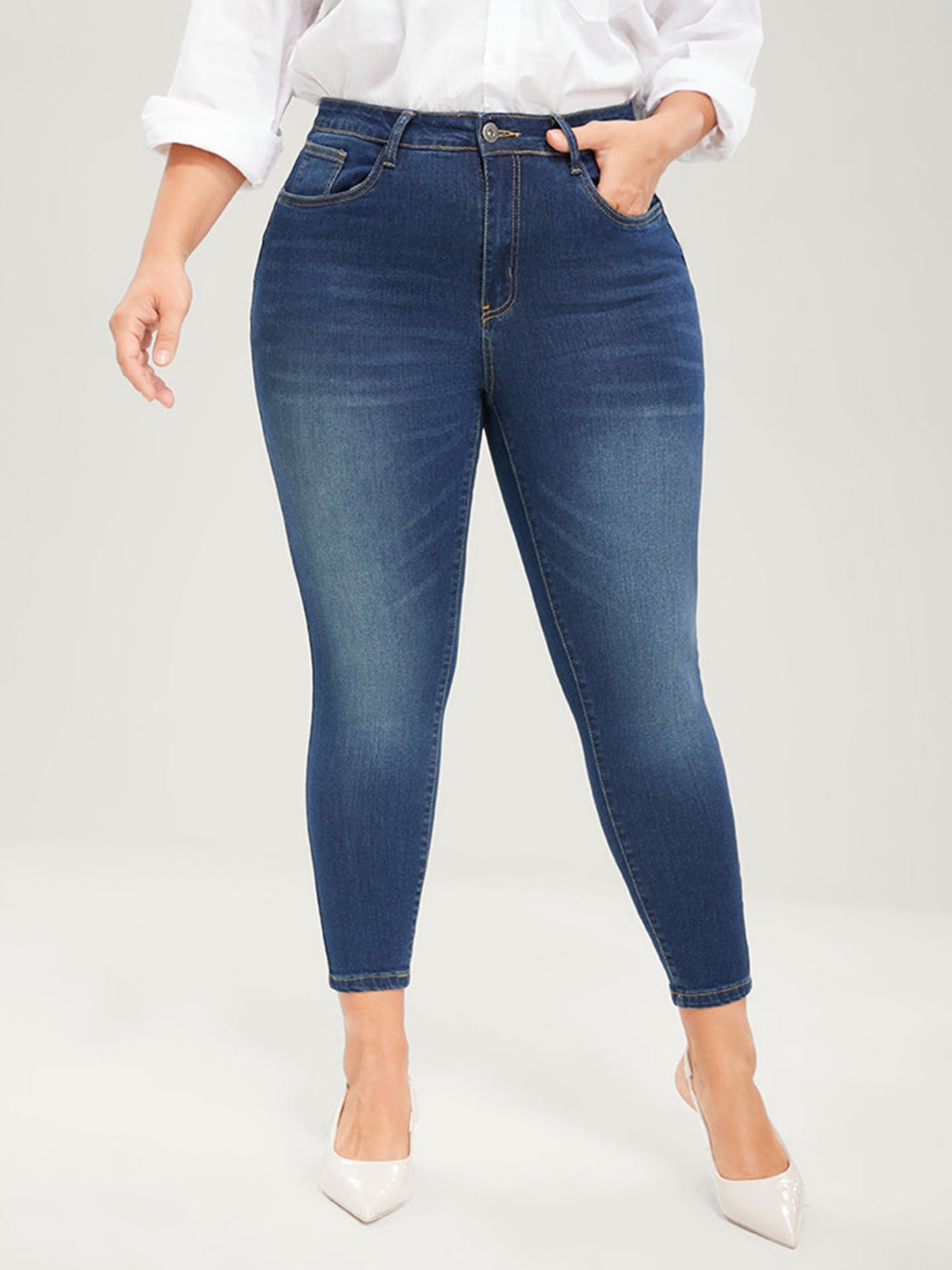 Plus Size Pencil Jeans for Women 100 Kgs Full Length Skinny Denim Pants High Waist Stretchy Washed Women Jeans Dark Blue Jeans