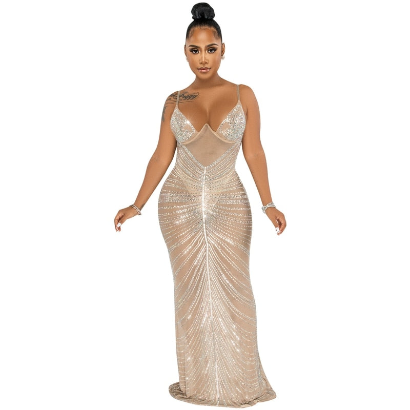 Sparkle Sheer Mesh Rhinestones Long Maxi Dress Gown Women Glam Spagetti Straps Crystal Sexy Evening Party Dress Outifts