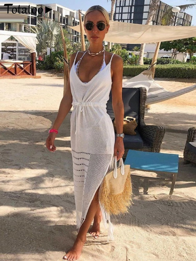 Totatop Beach Boho Knit Maxi Dress Women 2022 Summer Strap V Neck Drawstring Hollow Out Crochet Tassel Split Cover Up Swim Dress