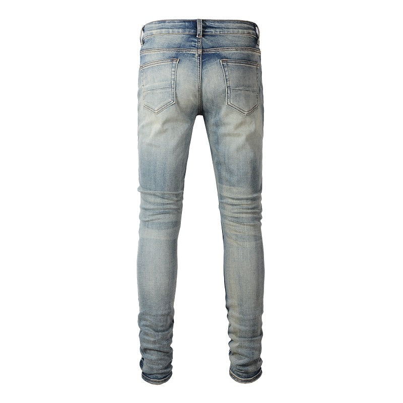 Men&#39;s Cracked Patch Biker Jeans Streetwear Pleated Patchwork Stretch Denim Pants Holes Ripped Distressed Skinny Tapered Trousers