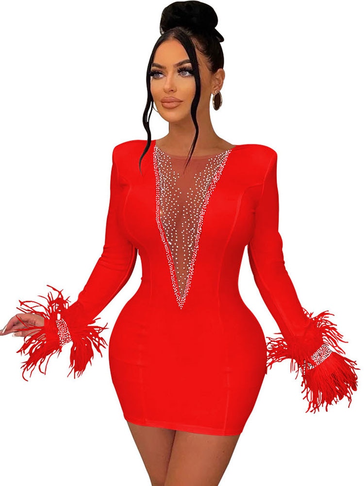 Feather Rhinestone Mesh Bodycon Mini Dress Women Night Club See Through Outfits Party Evening Sexy Diamond Prom Short Dresses