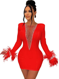 Feather Rhinestone Mesh Bodycon Mini Dress Women Night Club See Through Outfits Party Evening Sexy Diamond Prom Short Dresses