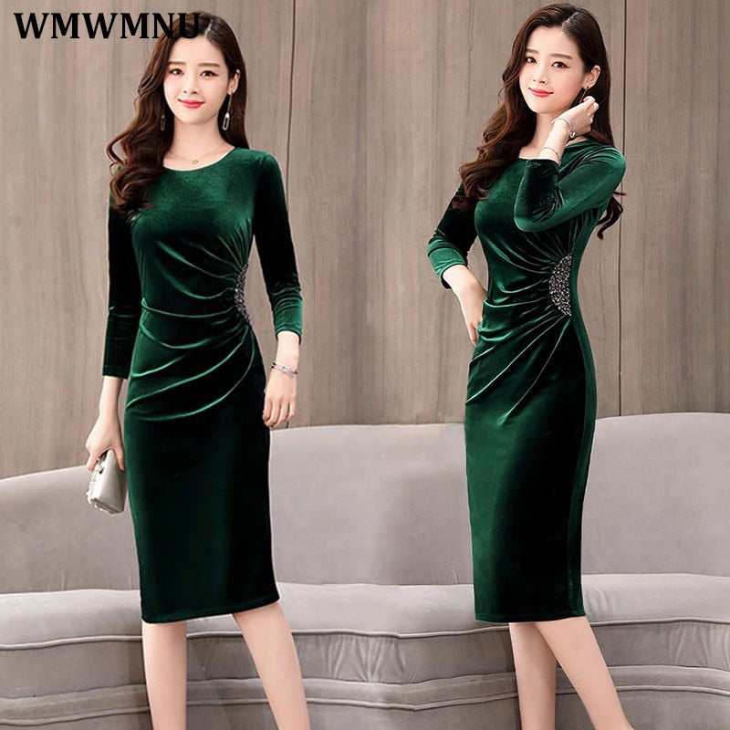 Sexy Slim Pleated Sequin Velvet Dress Women Elegant Long Sleeve Korean Evening Party Dresses Vintage Knee Length Vestido Festa