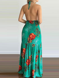 Women Tropical Print Sexy Halter Backless Summer Maxi Dress