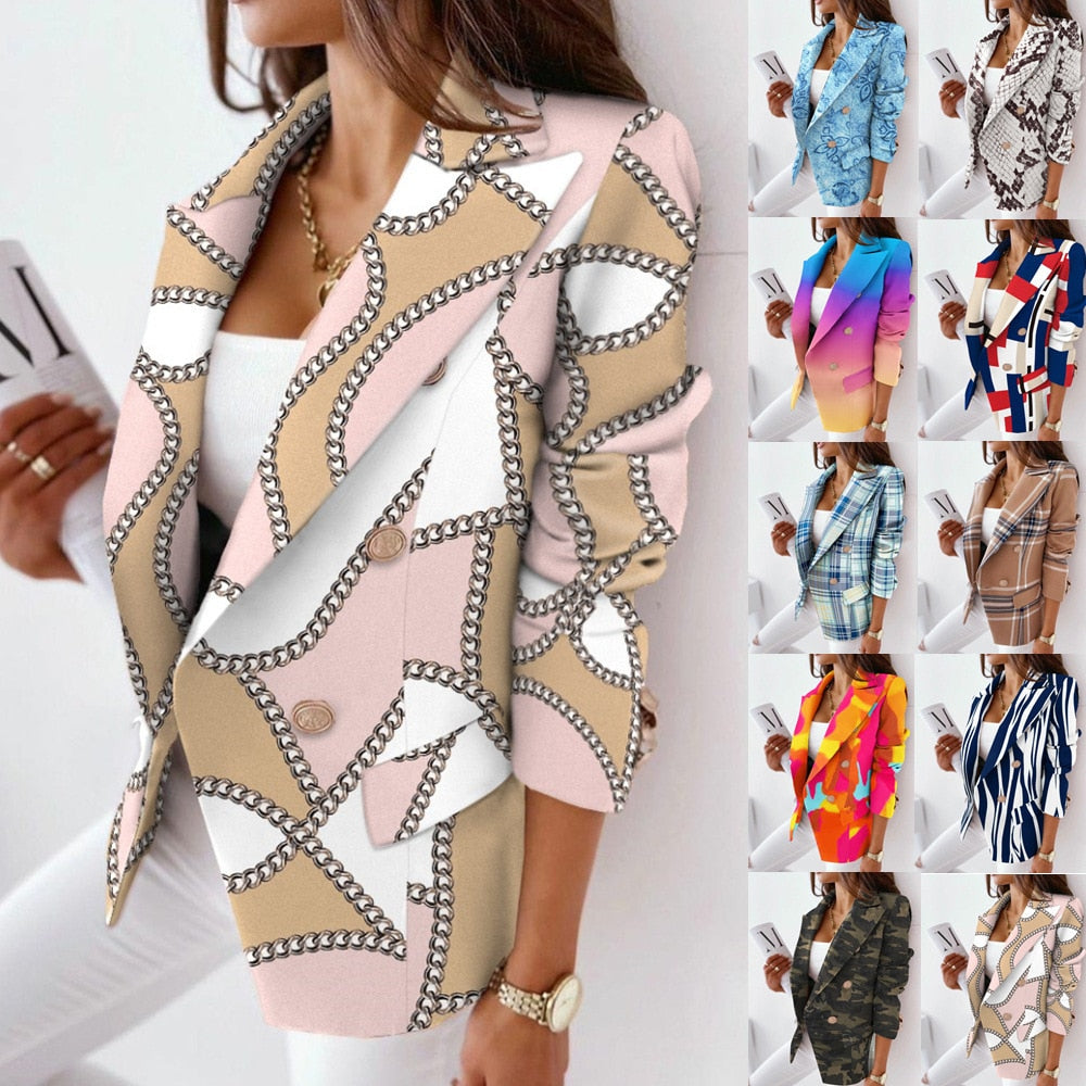 Sexy Women Suit Jacket Fashion Casual Color Print Lapel Long Sleeve Face Contrast Double-breasted