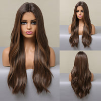 LOUIS FERRE Long Brown Lace Frontal Synthetic Wigs Dark Brown Body Wavy Highlight Wig Natural Hairline Daily Heat Resistant Hair