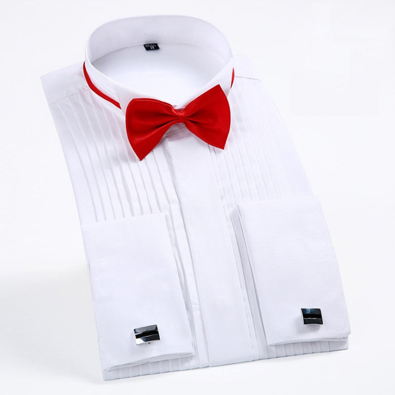 French Cufflink Tuxedo Shirt for Men White Black Wing Tip Collar Men's Wedding Party Evening Shirts Long Sleeve Dress Shirt