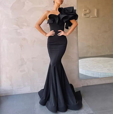 Sexy Black Ruffles One Shoulder Mermaid Prom Dresses