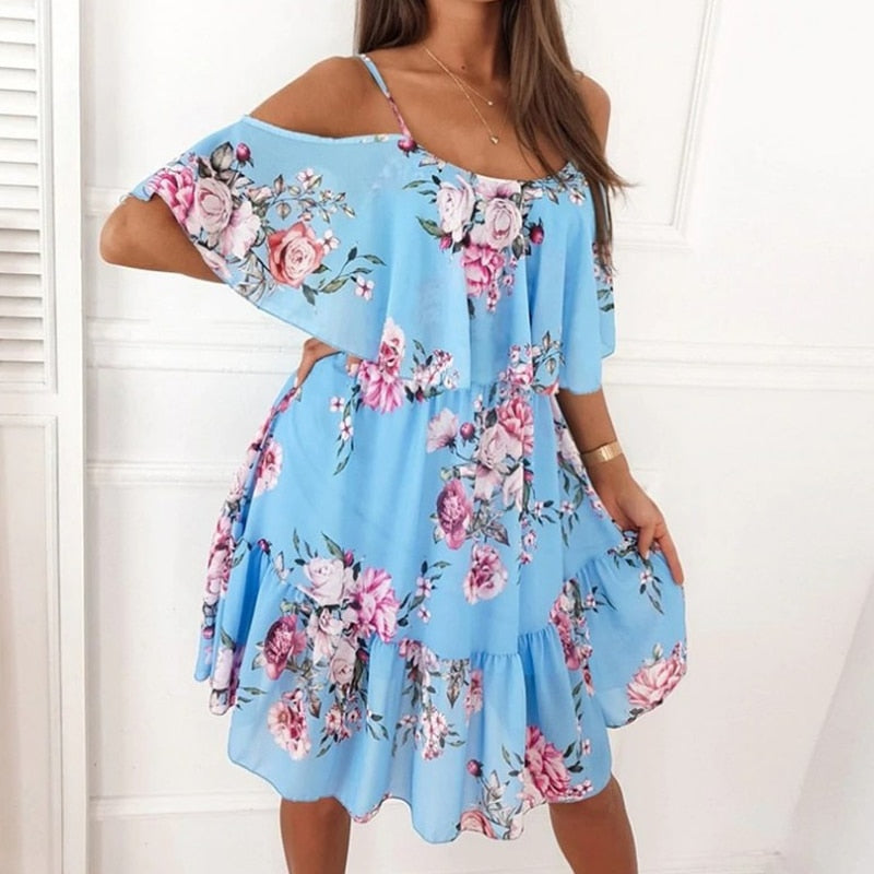 Sexy 2022 Summer Woman Sexy Spaghetti Strap Off Shoulder Floral Print Elegant Dress