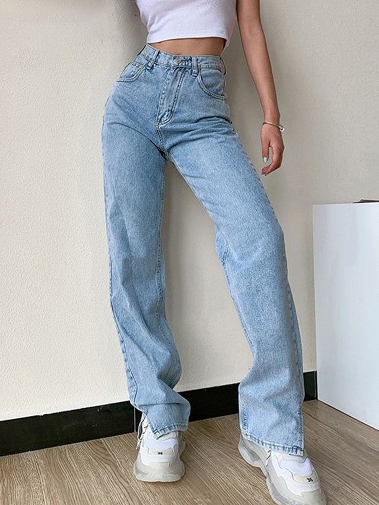 Women's High Waist Pants Straight Leg Jeans 2022 Women Casual Loose Pants Split Washed Fashion Package Hips Trousers Blue Jeans