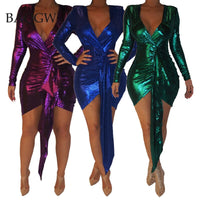 Summer Sexy Bodycon Dress for Women V-neck Glitter Metallic Long Sleeve Solid Color Skinny Nightclub Party Clothes Ladies Dress