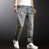 Dragon Embroidered Jeans Men Streetwear Denim Pants Fashion Ripped Jeans Pants Plus Size 38 40 Trousers Male Bottoms