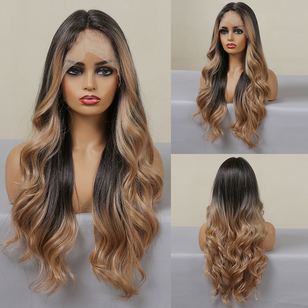 LOUIS FERRE Long Brown Lace Frontal Synthetic Wigs Dark Brown Body Wavy Highlight Wig Natural Hairline Daily Heat Resistant Hair