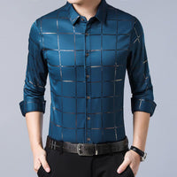 2022 Brand Casual Spring Luxury Plaid Long Sleeve Slim Fit Men Shirt