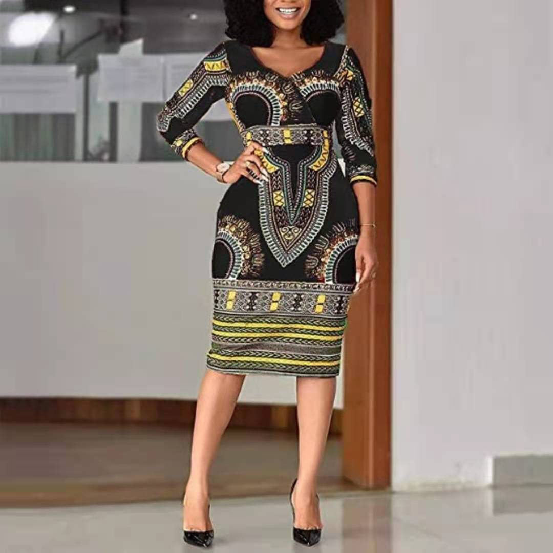 Sexy African Dresses for Women Cosplay Costume Dashiki Print Tribal Ethnic Fashion V-neck Dress