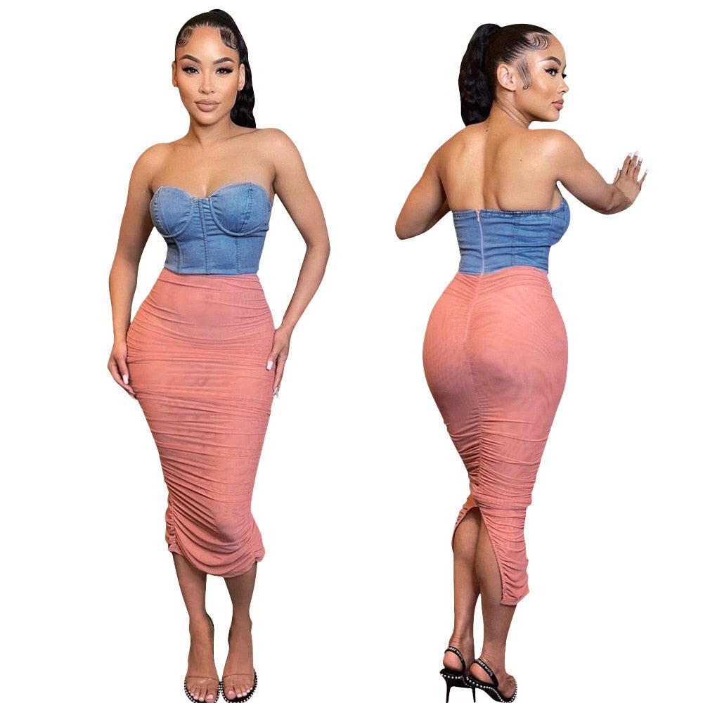 Ruched Mesh Patchwork Jeans maxi Dress women sexy Strapless backless Denim Split party club long dresses outfit streetwear robe