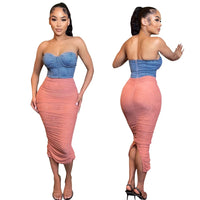 Ruched Mesh Patchwork Jeans maxi Dress women sexy Strapless backless Denim Split party club long dresses outfit streetwear robe