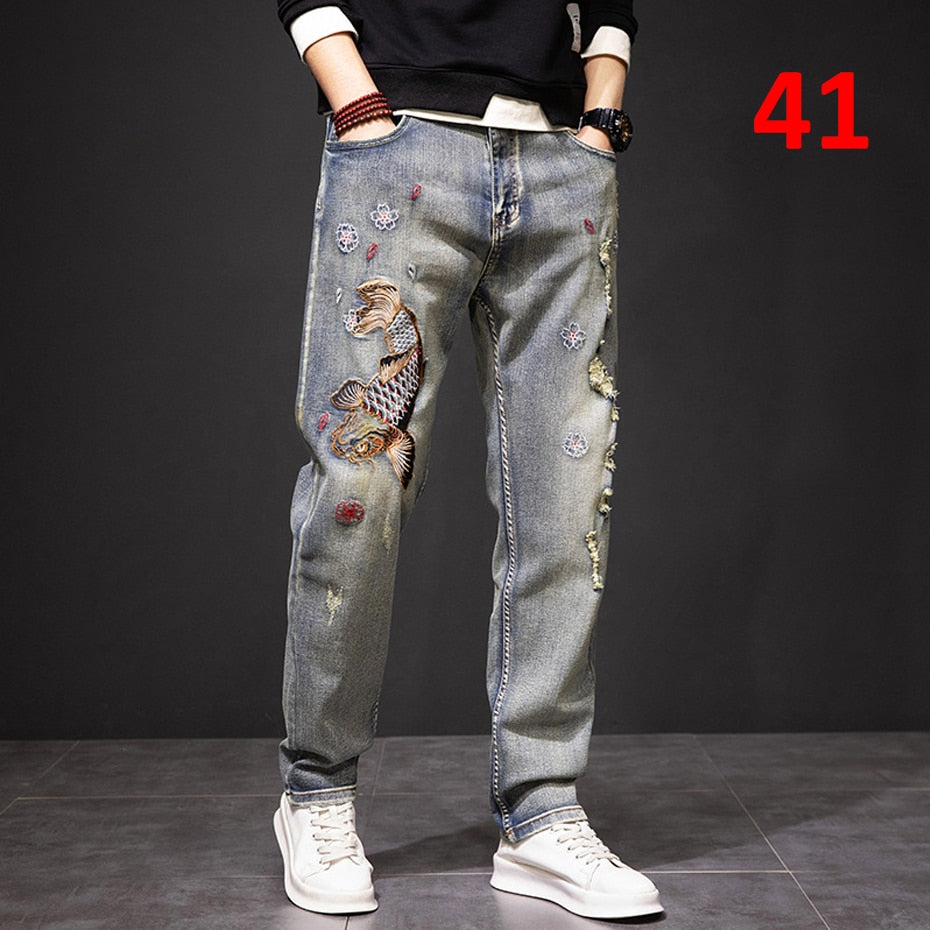 Carp Embroidered Jeans Men Streetwear Denim Pants Fashion Ripped Jeans Pants Plus Size 40 41 Trousers Male Bottoms