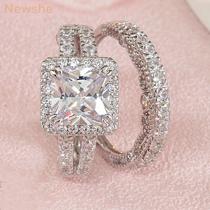 Newshe 2 Pcs Vintage Wedding Rings Set Solid 925 Sterling Silver 4Ct Princess Cut AAAAA CZ Engagement Ring for Women Bridal