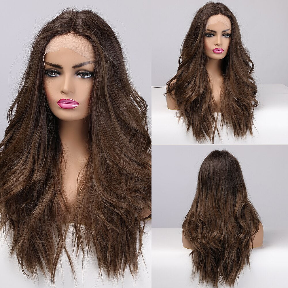 LOUIS FERRE Long Brown Lace Frontal Synthetic Wigs Dark Brown Body Wavy Highlight Wig Natural Hairline Daily Heat Resistant Hair