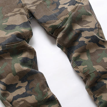 Men Camouflage Print Jeans Casual Patchwork Slim Straight Stretch Denim Pants Military Trousers