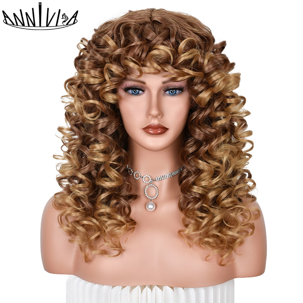 Black Curly Wig With Bangs Long Curly Afro Wigs for Women Synthetic Fiber Glueless Hair