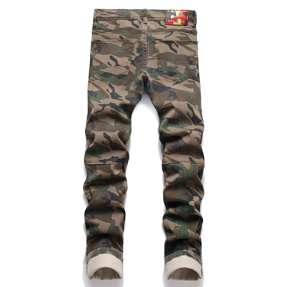 Men Camouflage Print Jeans Casual Patchwork Slim Straight Stretch Denim Pants Military Trousers