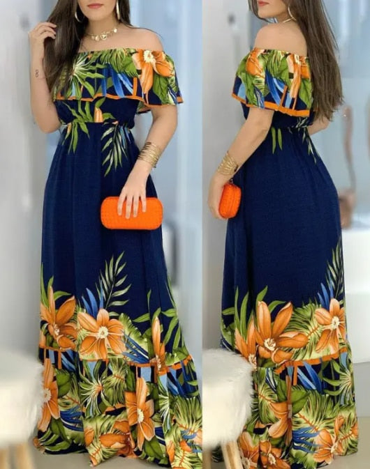 2022 New Summer Off Shoulder Tropical Print Dress