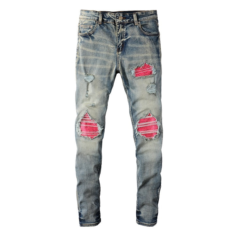 Men&#39;s Cracked Patch Biker Jeans Streetwear Pleated Patchwork Stretch Denim Pants Holes Ripped Distressed Skinny Tapered Trousers