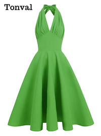 Tonval V-Neck Sexy Halter Vintage Style Summer Vacation Outfits Women Green Solid Elegant Party Pinup Ladies Swing Dresses