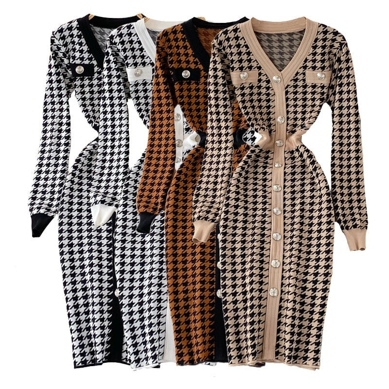 Sexy Elegant Temperament V-neck Hit Color Dress Office Lady Single-breasted Houndstooth Dress