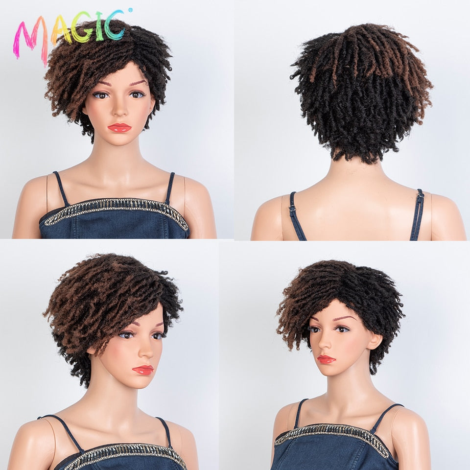 Magic 10 Inches Synthetic  Afro Kinky Curly Wig Short Dreadlock Wig With Bangs Ombre Black Blonde  Crochet  Wig for Black Women