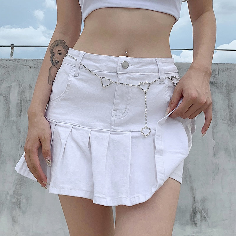 Sexy y2k Pink Denim Pleated Skirts Mini Solid Casual Woman Fashion Korean Style High Waist Skirt