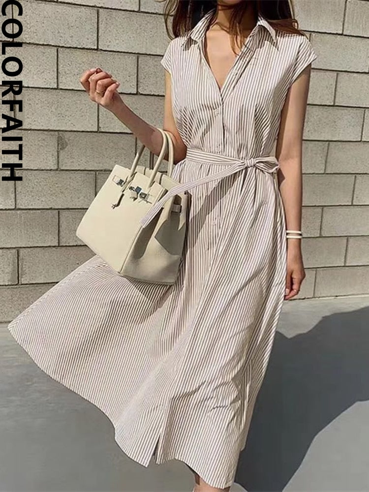 Colorfaith New 2022 Women Striped Reglan Sleeve Shirt Dress Spring Summer Korean Fashion Lace Up Elegant Long Dresses DR1970