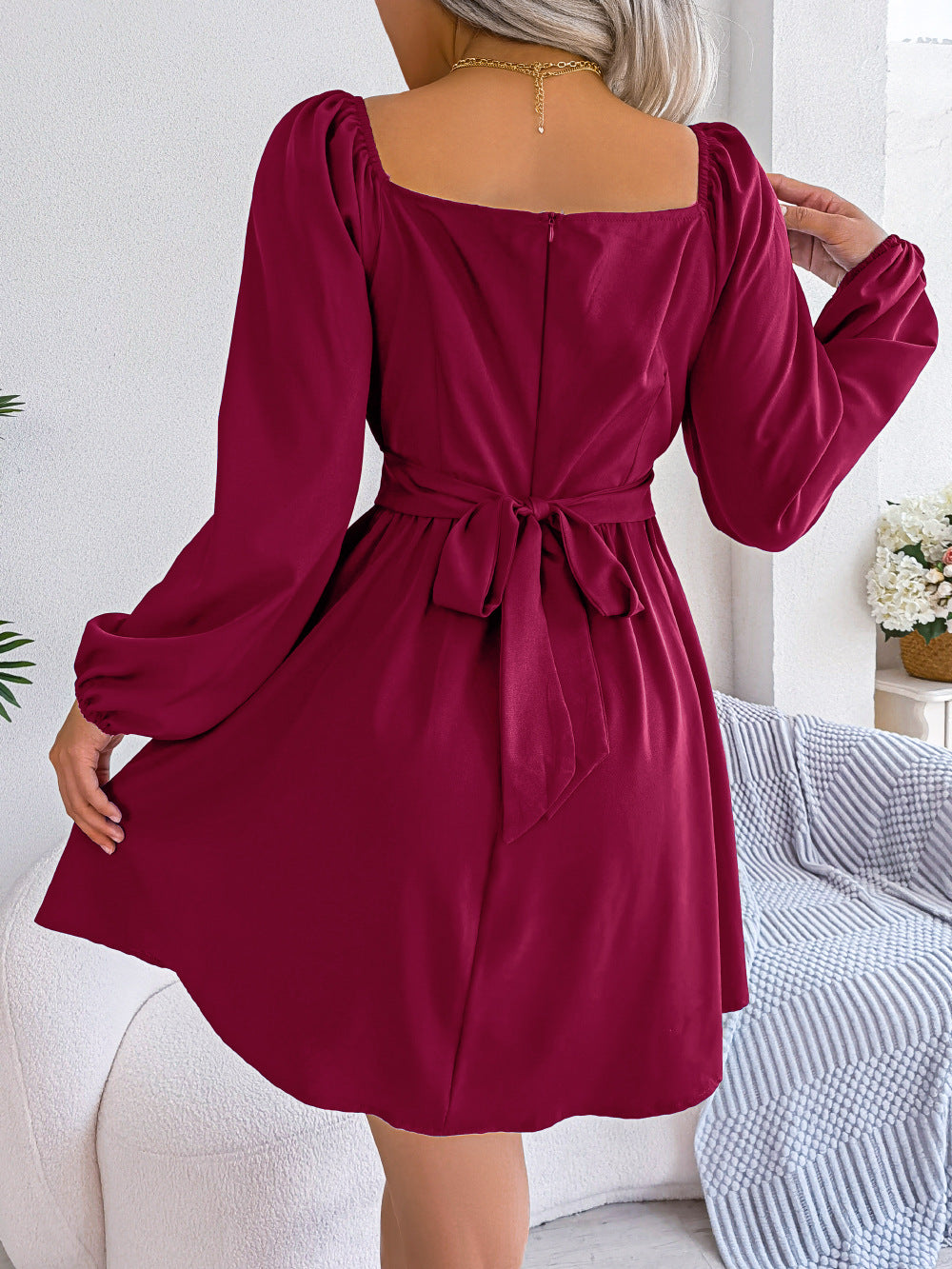 Spring And SummerLeisure Solid Color Stringy Selvedge Square-neck Cinched Large Swing Dress