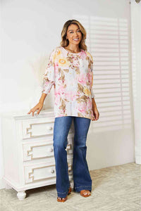 Double Take Floral Round Neck Three-Quarter Sleeve Top