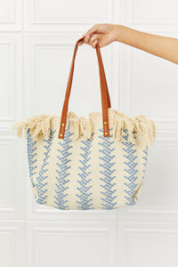 Fame Day Dreamer Weaved Fringe Tote Bag in Blue