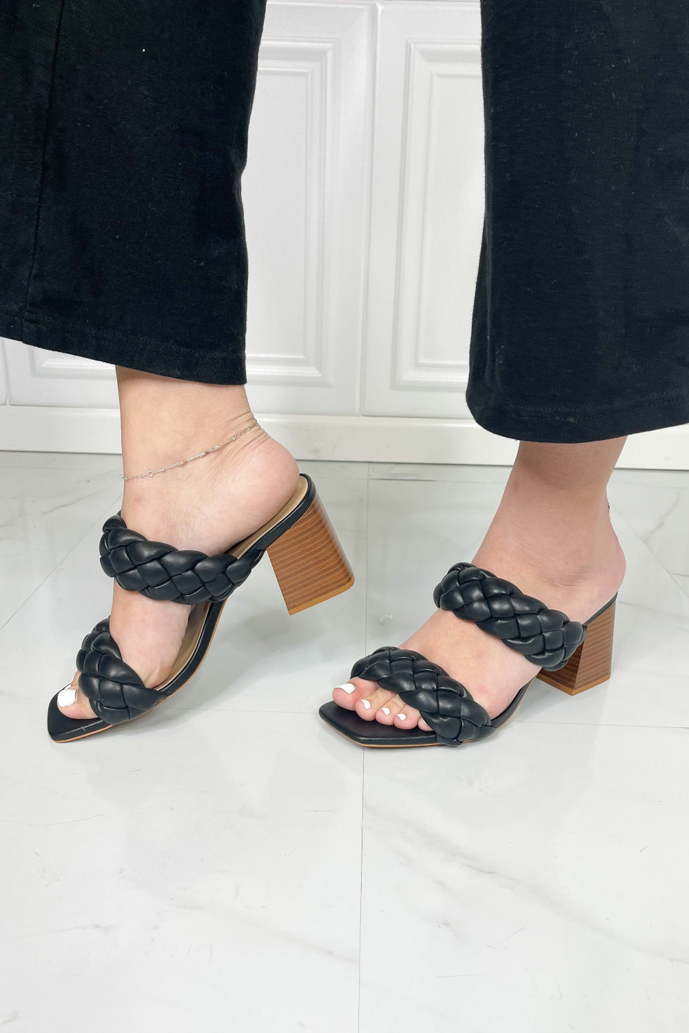 SODA Interwoven Ideas Braided Strap Block Heel Slide Sandal in Black