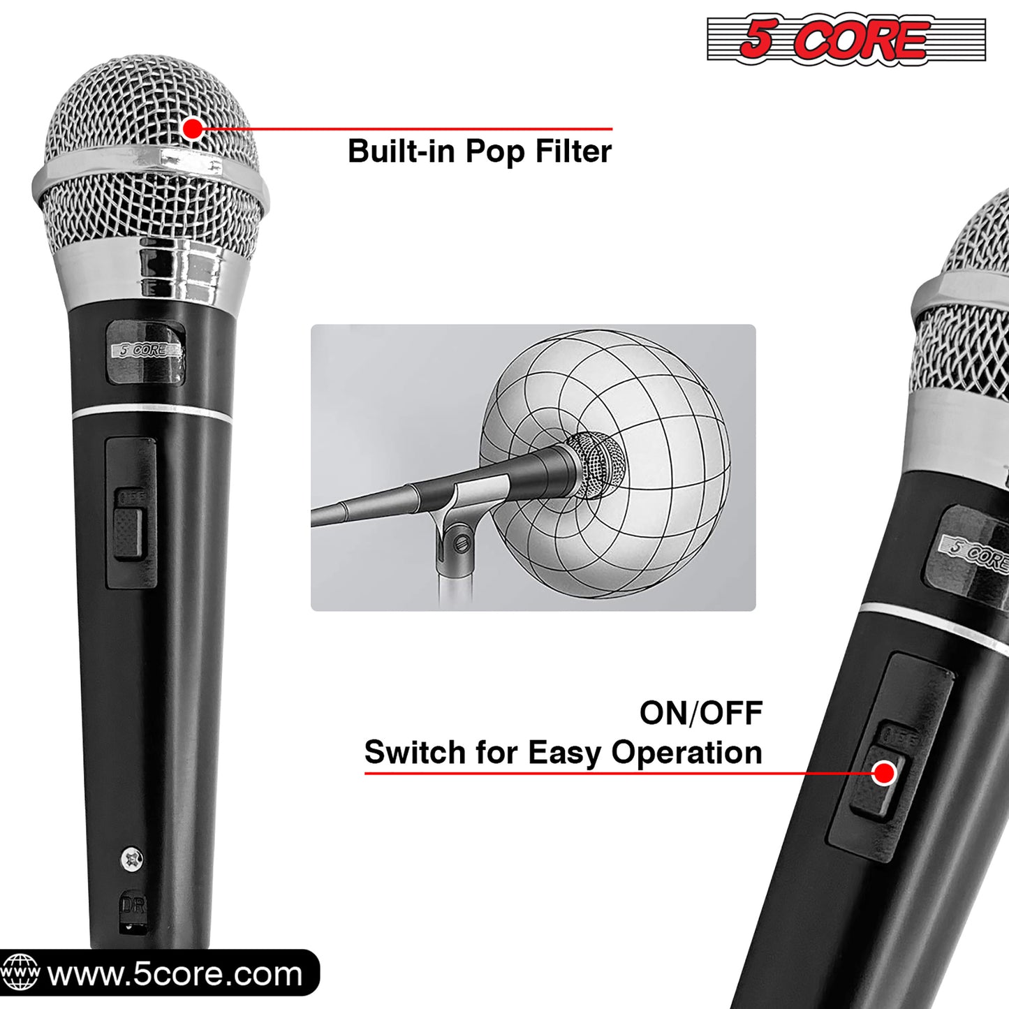 5 CORE Premium Handheld Microphone Unidirectional Vocal Dynamic Cardioid Mic W Detachable 10ft XLR Cable, Mic Clip, Mesh Grille & ON/Off Switch Suited for Speakers, Amp, Mixers, Karaoke Singing- PM100