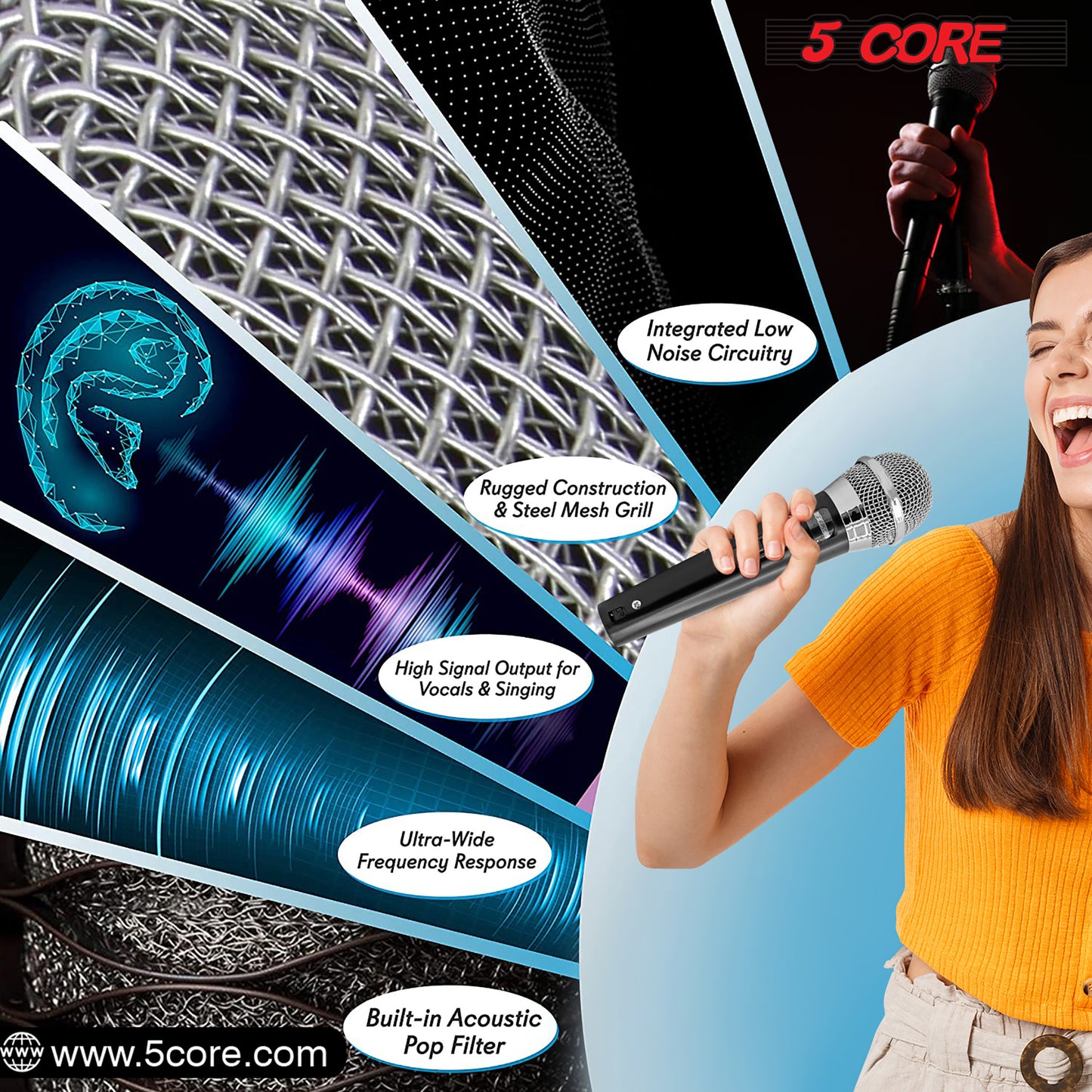 5 CORE Premium Handheld Microphone Unidirectional Vocal Dynamic Cardioid Mic W Detachable 10ft XLR Cable, Mic Clip, Mesh Grille & ON/Off Switch Suited for Speakers, Amp, Mixers, Karaoke Singing- PM100