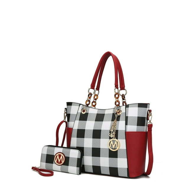 MKF Collection Women's Bonita Checkered Tote Bag and Wristlet Wallet Set with Decorative Keychain, 2-Piece, Red