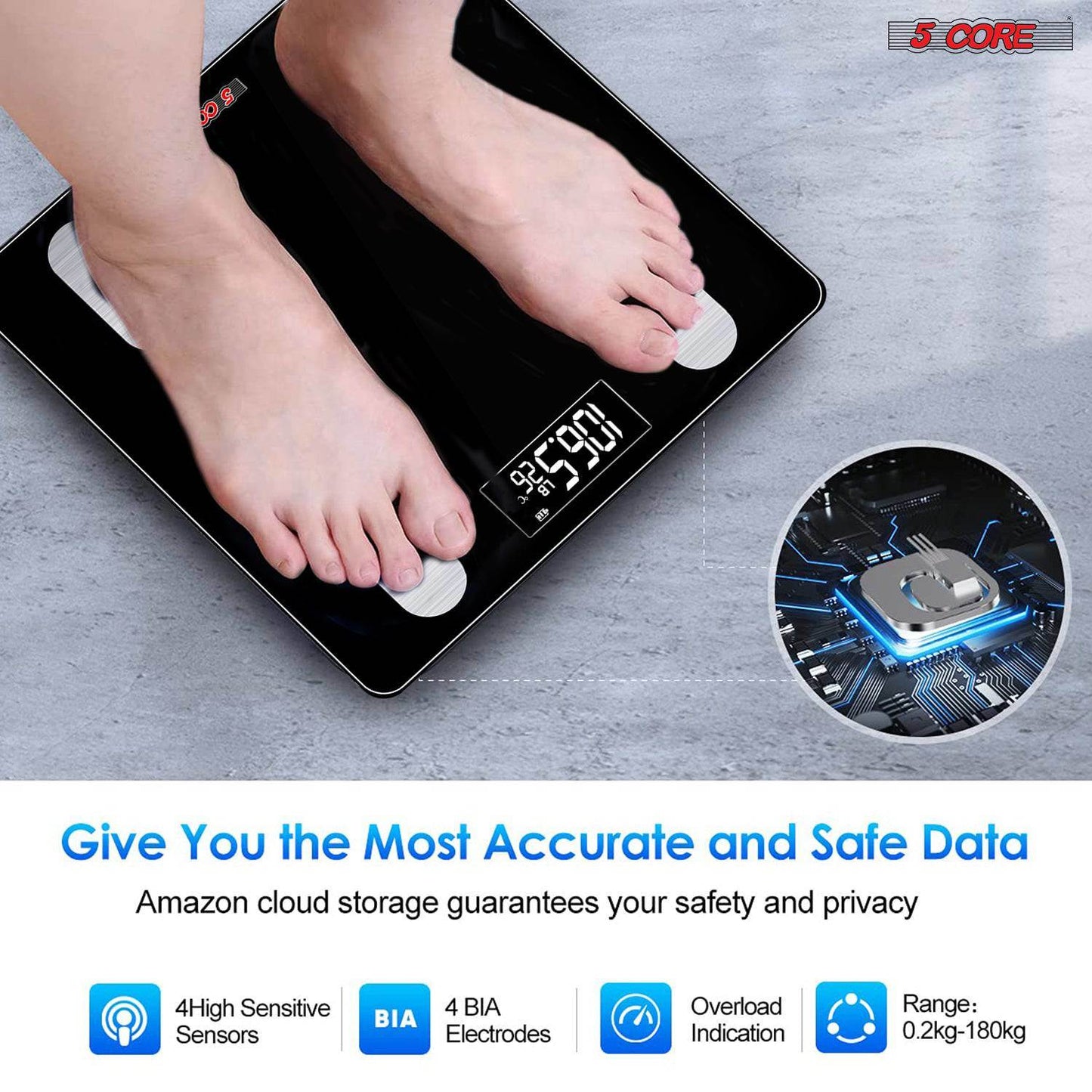 5 Core Scales for Body Weight Fat Bathroom Scale Smart Digital Bluetooth Weighing BMI bascula digital de peso y grasa corporal 400 lbs - BBS VL B BLK