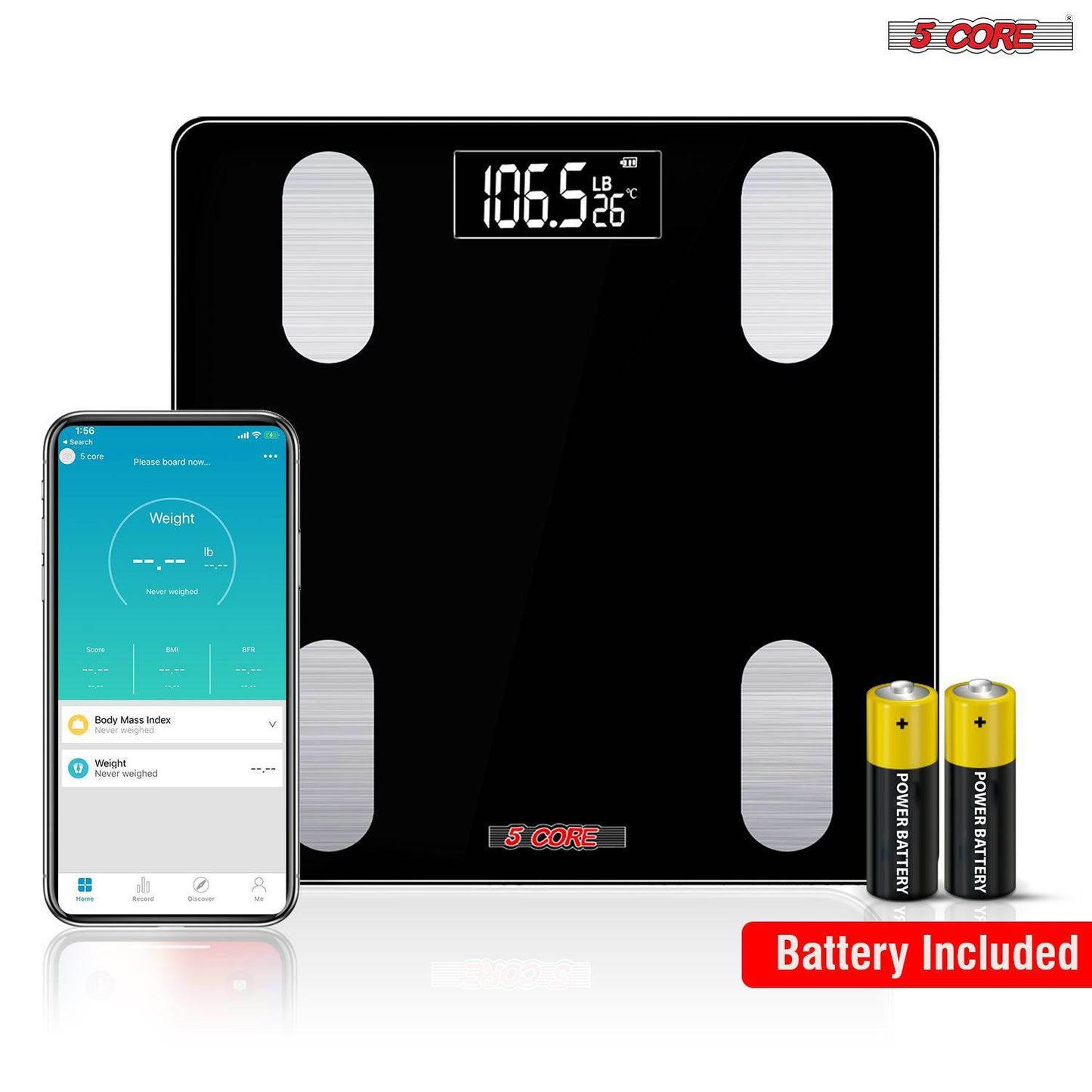 5 Core Scales for Body Weight Fat Bathroom Scale Smart Digital Bluetooth Weighing BMI bascula digital de peso y grasa corporal 400 lbs - BBS VL B BLK