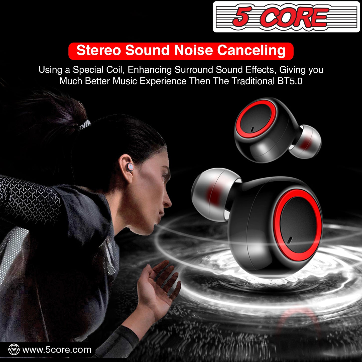 5 CORE Wireless Earbuds, Bluetooth 5.0 Noise Cancelling Headphones w/Charging Case- 132Hrs Play Time, Built-in Microphone IPX8 Waterproof for Sports Workout Laptop TV Computer Phone