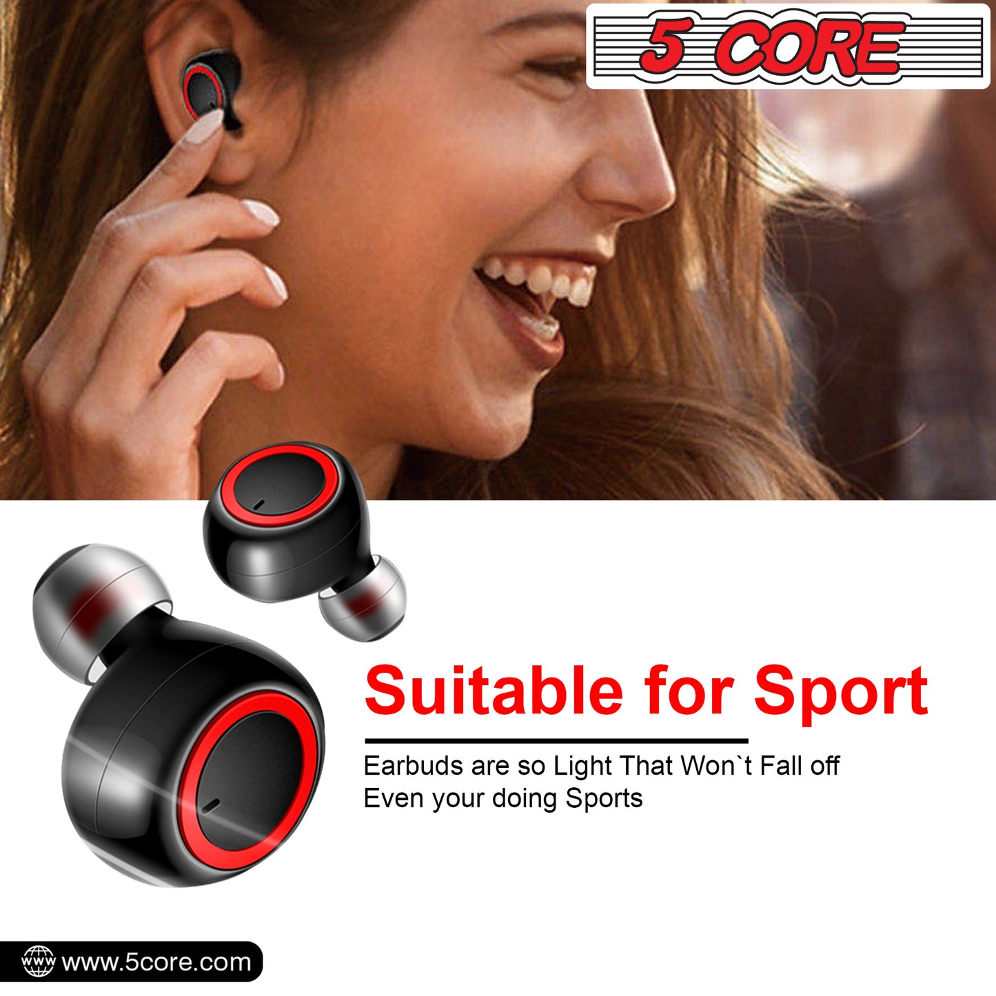 5 CORE Wireless Earbuds, Bluetooth 5.0 Noise Cancelling Headphones w/Charging Case- 132Hrs Play Time, Built-in Microphone IPX8 Waterproof for Sports Workout Laptop TV Computer Phone