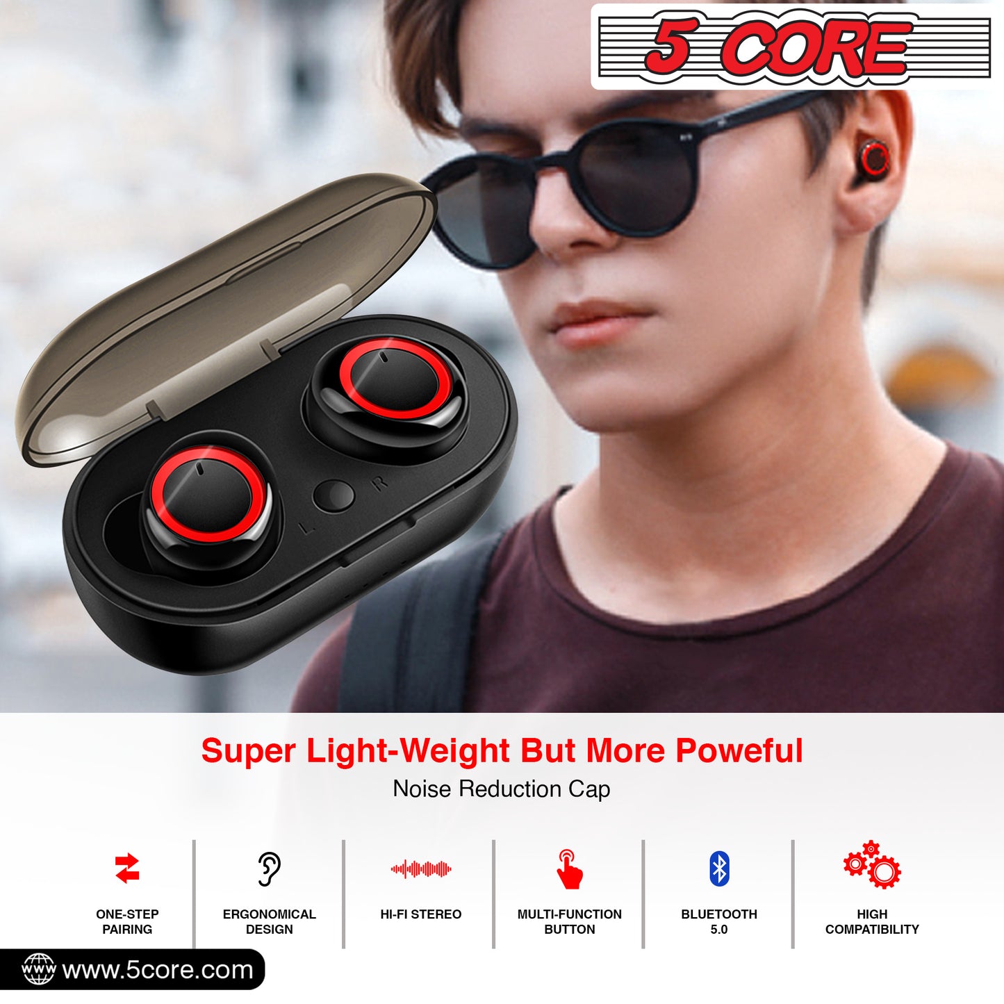 5 CORE Wireless Earbuds, Bluetooth 5.0 Noise Cancelling Headphones w/Charging Case- 132Hrs Play Time, Built-in Microphone IPX8 Waterproof for Sports Workout Laptop TV Computer Phone